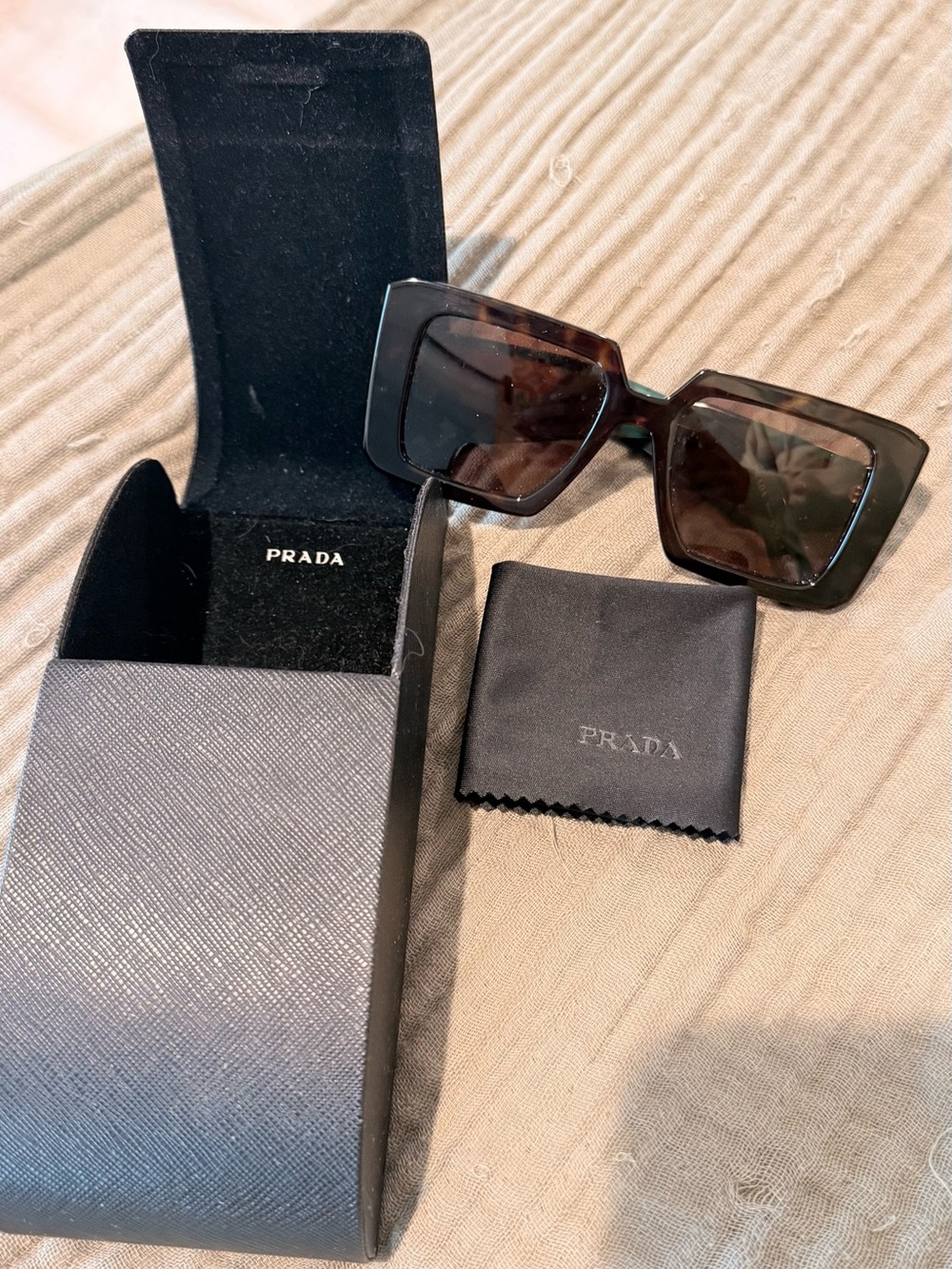 Prada Tortoiseshell Square Sunglasses with Dark Lenses